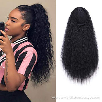Clip in Corn Wave Ponytail Extension Drawstring Long Yaki Wavy Pony Tail Hair 22 Inch Synthetic Hairpiece - Black for Women